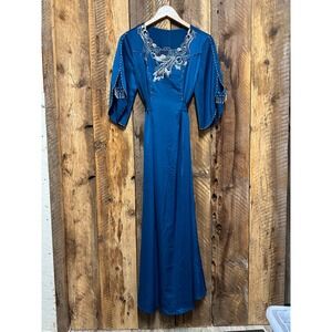 Vintage Embellished Woman's M Peacock Beaded Maxi Dress Blue Satin Stunning